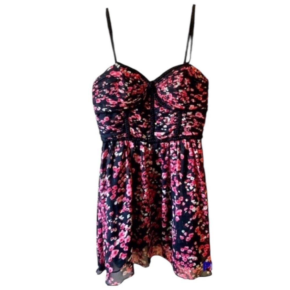 Minuet Floral Babydoll Mini Dress Pink Black Braid Detail Dark Fairycore Large
